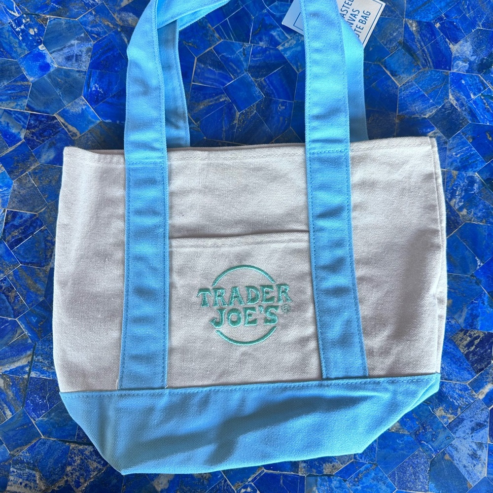 Trader Joe's Cream & Light Blue Canvas Tote Bag